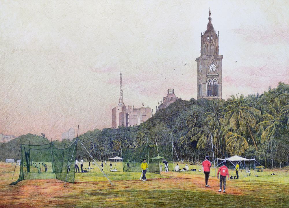 Painting of a building with ball point pens on paper