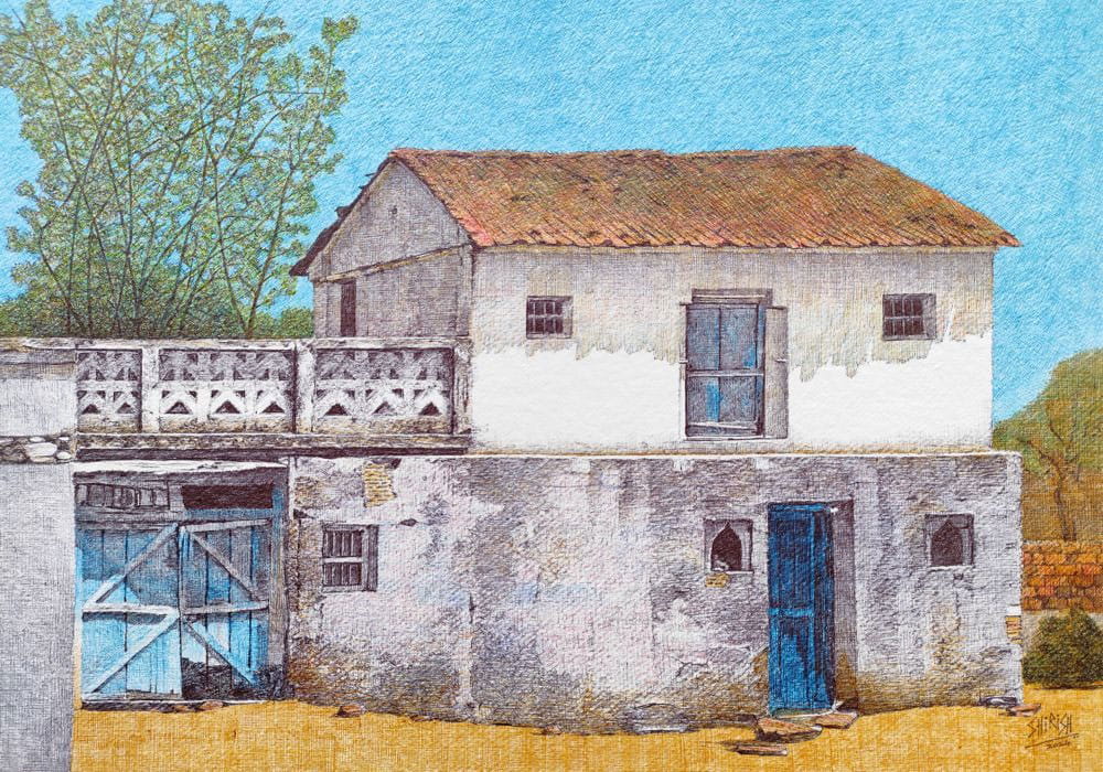 Painting of houses with ball point pens on paper