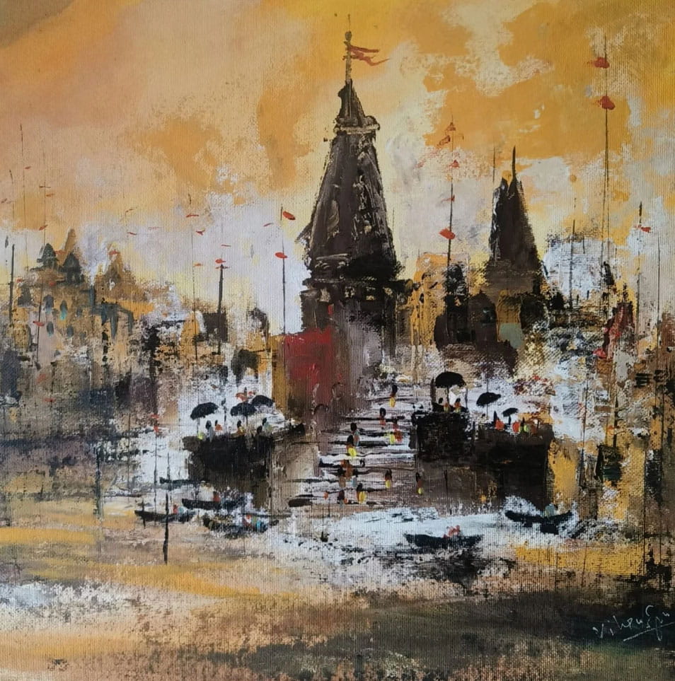 Painting of abstract Benaras with acrylic on paper
