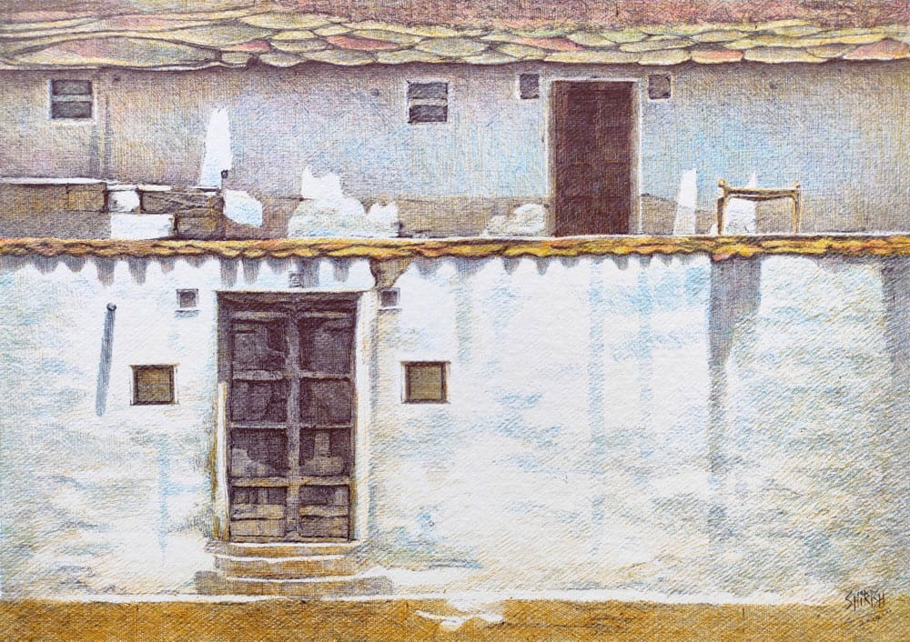 Painting of a house with ball point pens on paper