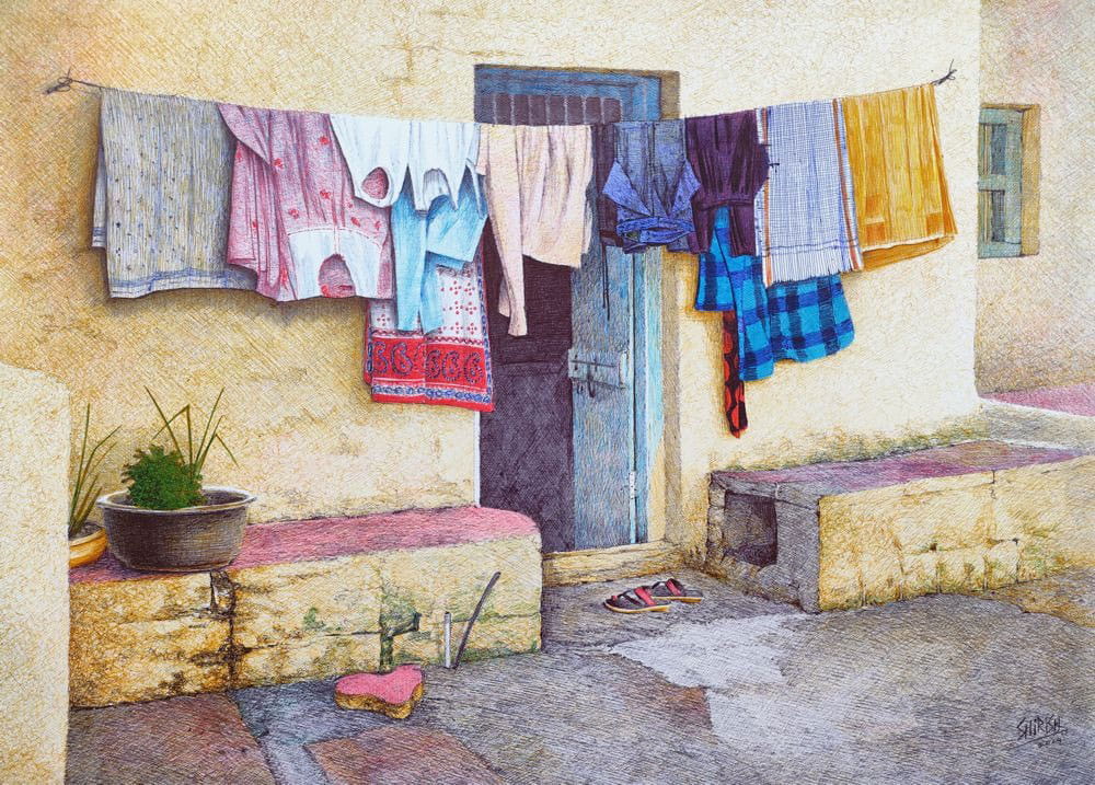 Painting of a house with ball point pens on paper