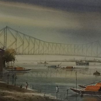 Painting with watercolour of landscape showing river