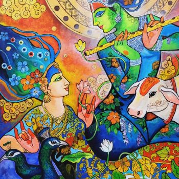 Painting of Radha and Krishna with acrylic on canvas