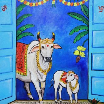 Painting of Kamdhenu with acrylic on canvas