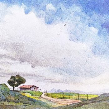 Painting of landscape with ball point pens on paper