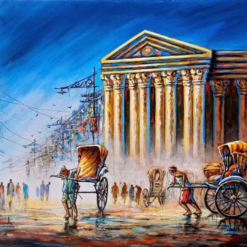Kolkata cityscape rickshaw on canvas