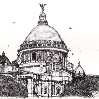 Live study of Victoria Memorial with pen and ink on paper