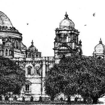 Live study of Victoria Memorial with pen and ink on paper