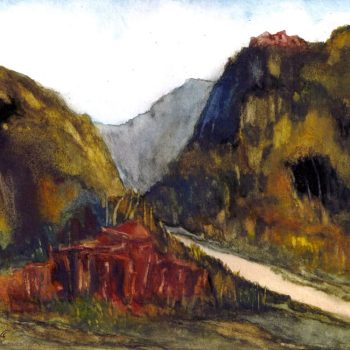 Painting of abstract landscape on paper