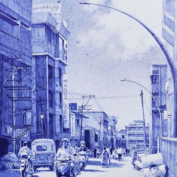 Painting of city road with ball point pens on paper