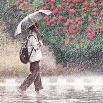 Painting of cityscape with ball points on paper