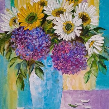 Painting of flowers with oil on canvas