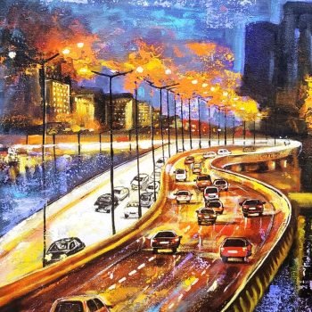 Painting of a rainy day in city with acrylic on canvas