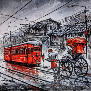 Kolkata cityscape tram on canvas
