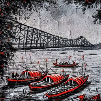 Kolkata cityscape boats and howrah bridge on canvas