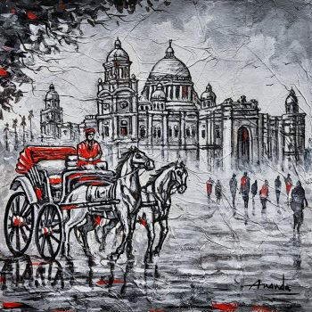 Kolkata cityscape horse ride and Victoria Memorial on canvas