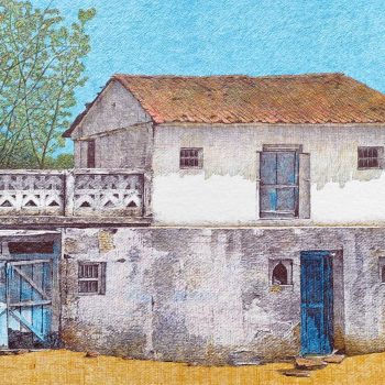 Painting of houses with ball point pens on paper