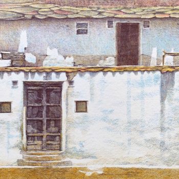 Painting of a house with ball point pens on paper