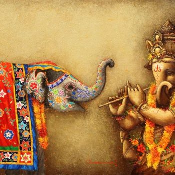 Painting of elephant and Ganesha on canvas