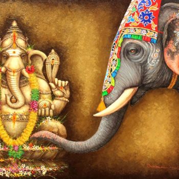 Painting of elephant and Ganesha on canvas