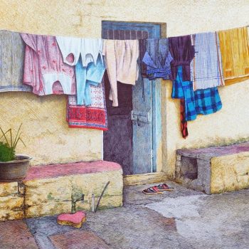 Painting of a house with ball point pens on paper