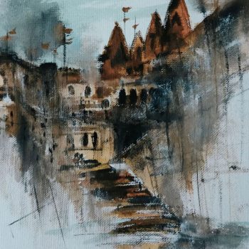 Painting of abstract landscape on paper