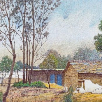 Painting of landscape with ball point pens on paper