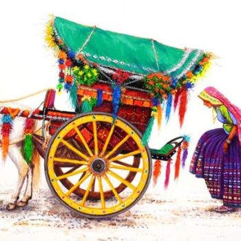 Painting of village scene on canvas