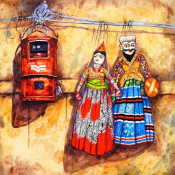 Painting of puppets with acrylic on canvas