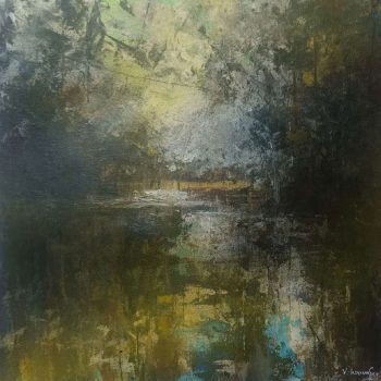 Abstract landscape painting with acrylic on paper