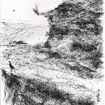 Painting of landscape with pen and ink on paper